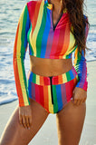 Rainbow Striped Zip Detail Split Sports Swimwear
