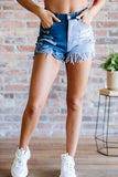 Two-Tone Frayed Detail Distressed Denim Shorts