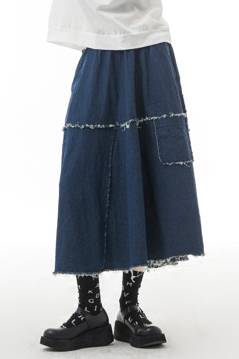 Frayed Detail Midi Denim Skirt