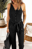 Tie Waist Snap Down Jumpsuit with Pockets